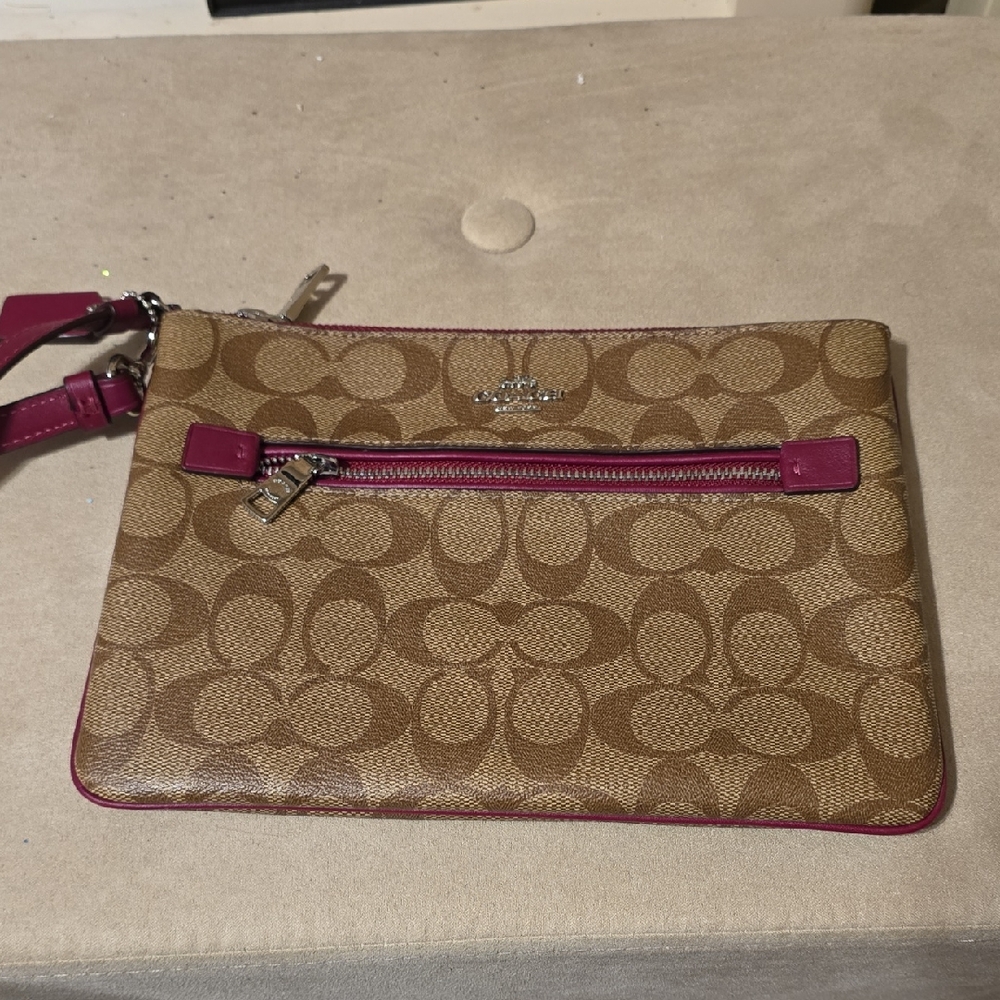 Coach Tan and Pink Wristlet Clutch